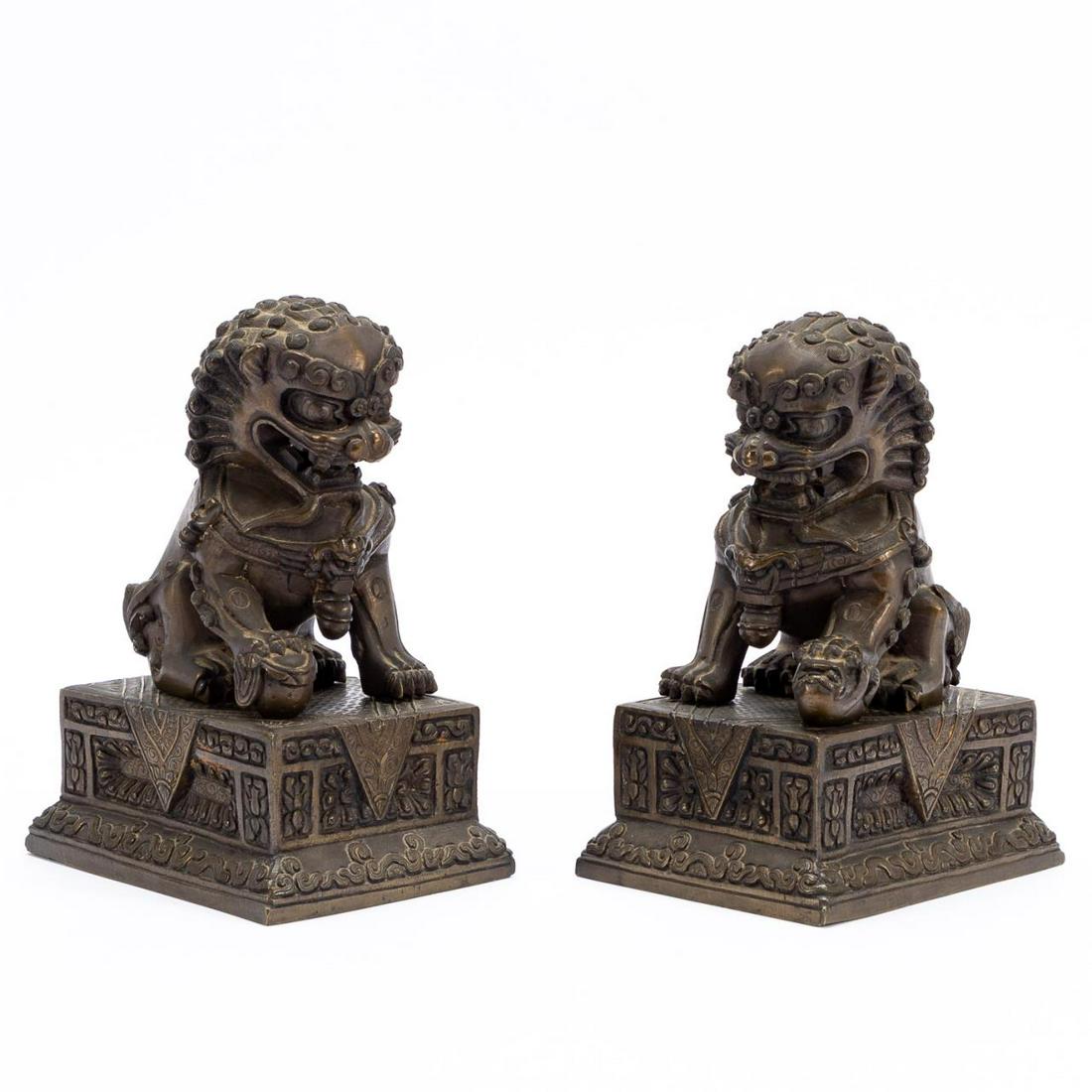 PAIR, CHINESE BRONZE GUARDIAN LIONS ON BASES (1 of 5)