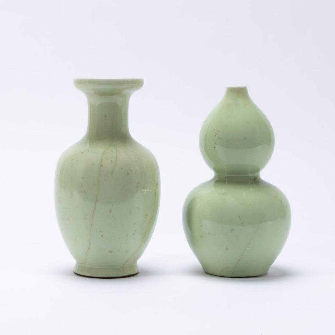 2 PC CHINESE CELADON VASES DOUBLE GOURD & BALUSTER (1 of 7)