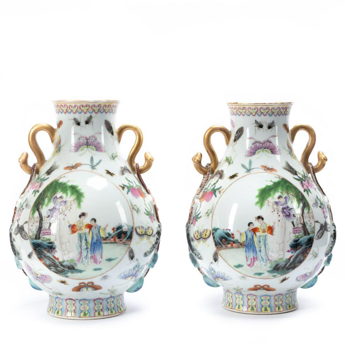 PAIR, REPUBLIC PD. FAMILLE ROSE PEAR-FORM VASES (1 of 10)