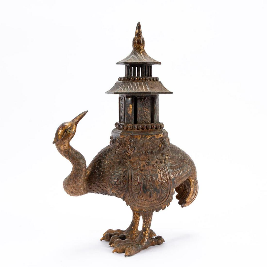 CHINESE PARCEL GILT BRONZE CRANE AND PAGODA CENSER (1 of 5)