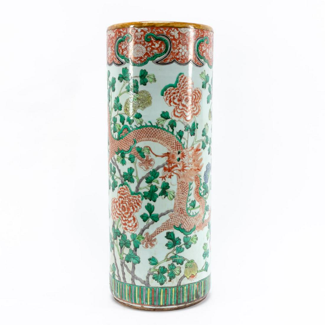 CHINESE FAMILLE VERTE FLORAL DRAGON UMBRELLA STAND (1 of 7)