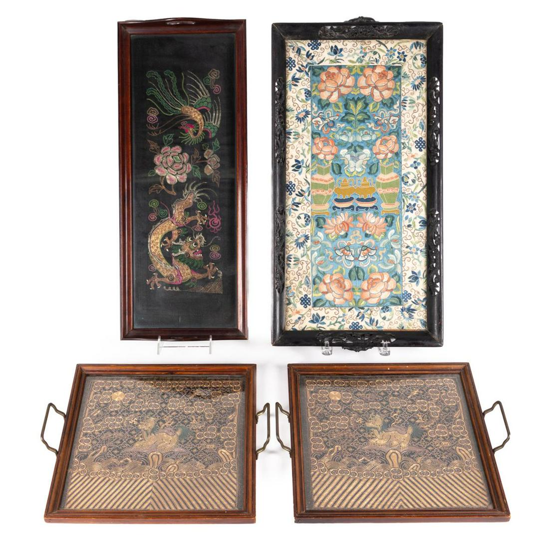 FOUR TRAYS WITH CHINESE EMBROIDERY PANELS (1 of 10)