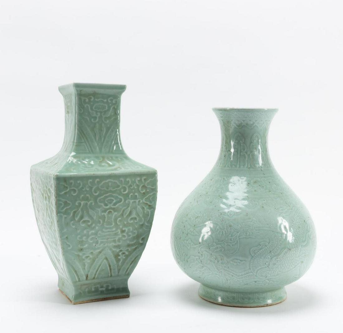 TWO, CHINESE CARVED CELADON GLAZED PORCELAIN VASES (1 of 7)