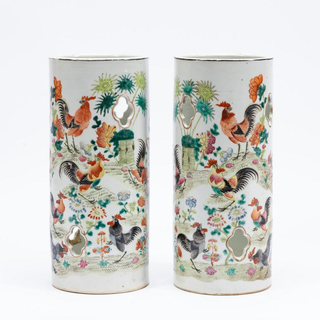 PAIR, CHINESE ROOSTER MOTIF PORCELAIN HAT STANDS (1 of 6)