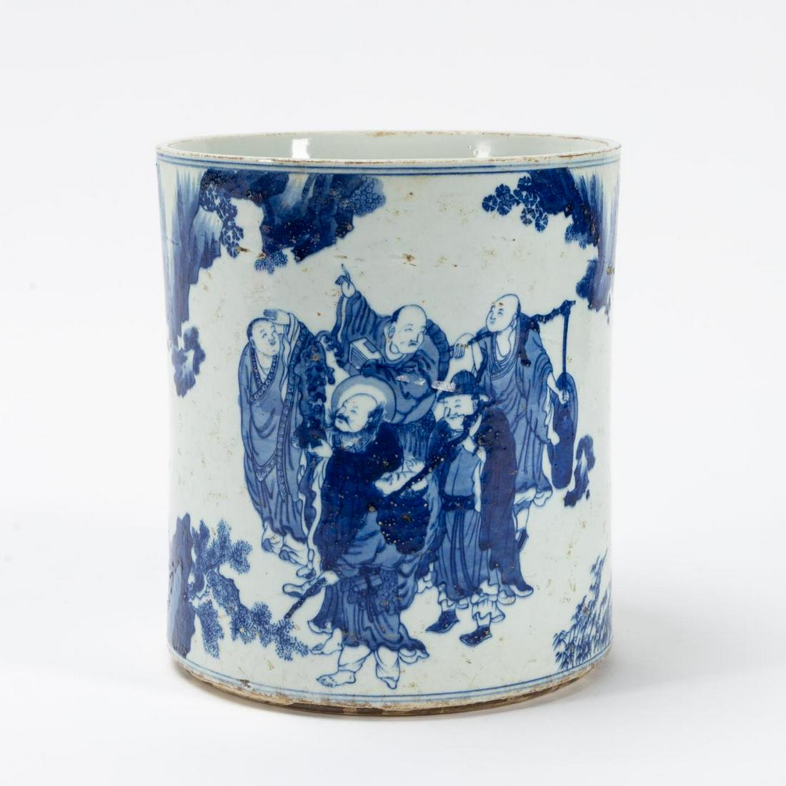 CHINESE LARGE BLUE & WHITE IMMORTALS BRUSH POT (1 of 6)