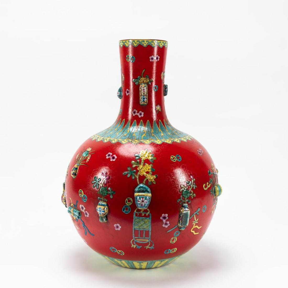 CHINESE RED GROUND PRECIOUS OBJECTS BOTTLE VASE (1 of 6)