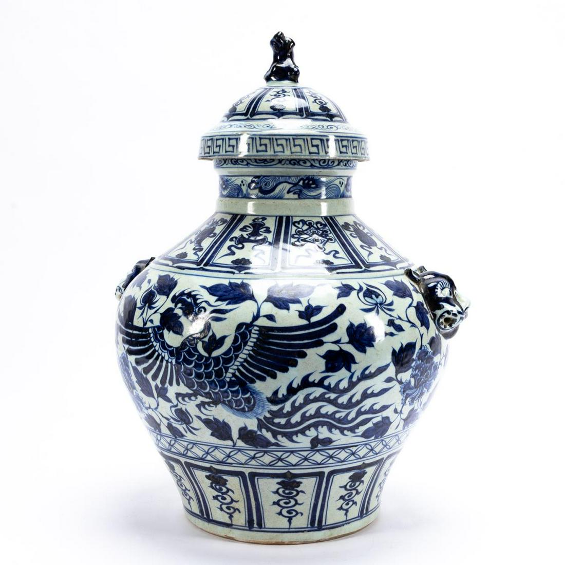CHINESE LARGE BLUE & WHITE LIDDED PHOENIX JAR (1 of 6)
