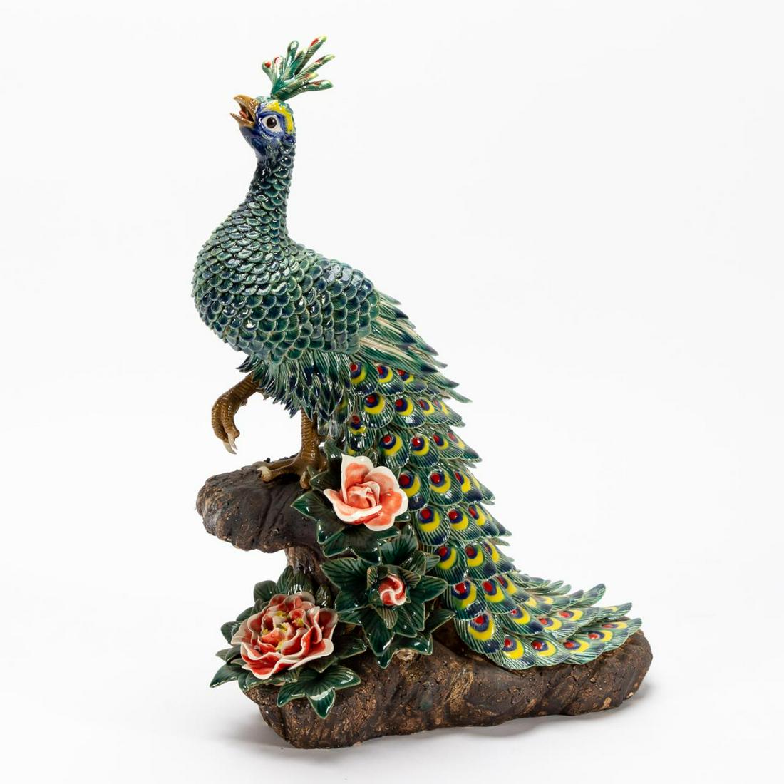 CHINESE GLAZED CERAMIC PEACOCK FIGURE W/ PLUME (1 of 6)