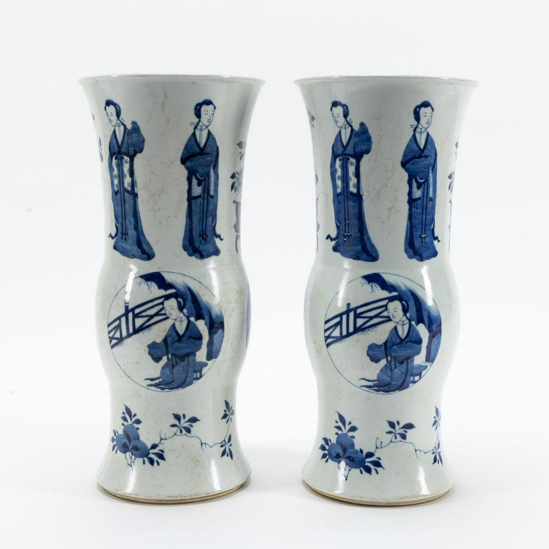 PAIR, CHINESE BLUE & WHITE FIGURAL GU VASES (1 of 6)