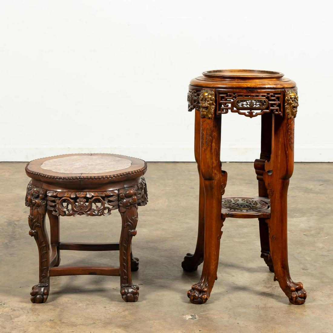 2 CHINESE CARVED HARDWOOD TABLES, ONE WITH MARBLE (1 of 9)