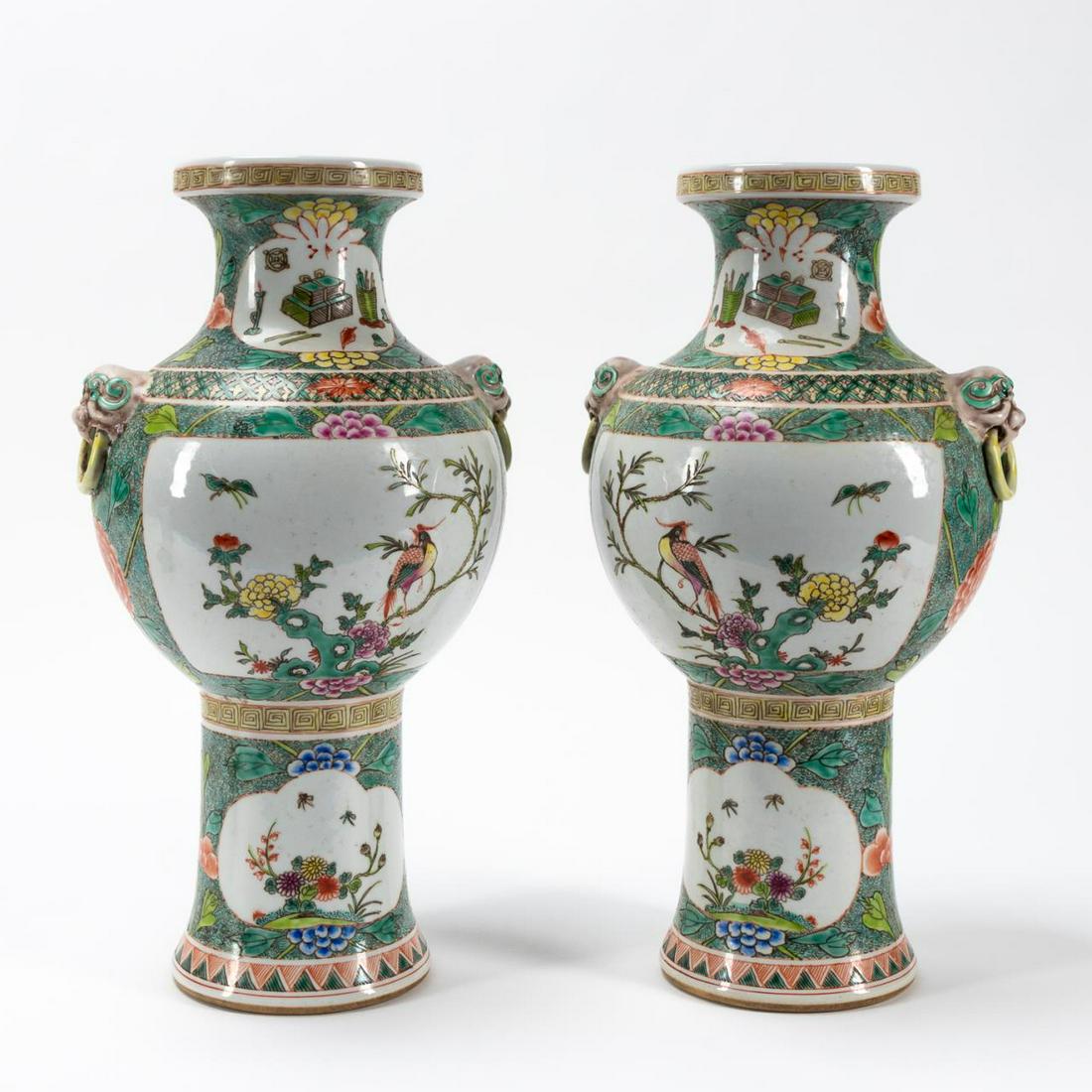 PAIR, CHINESE FAMILLE VERTE LION MASK HANDLE VASES (1 of 6)