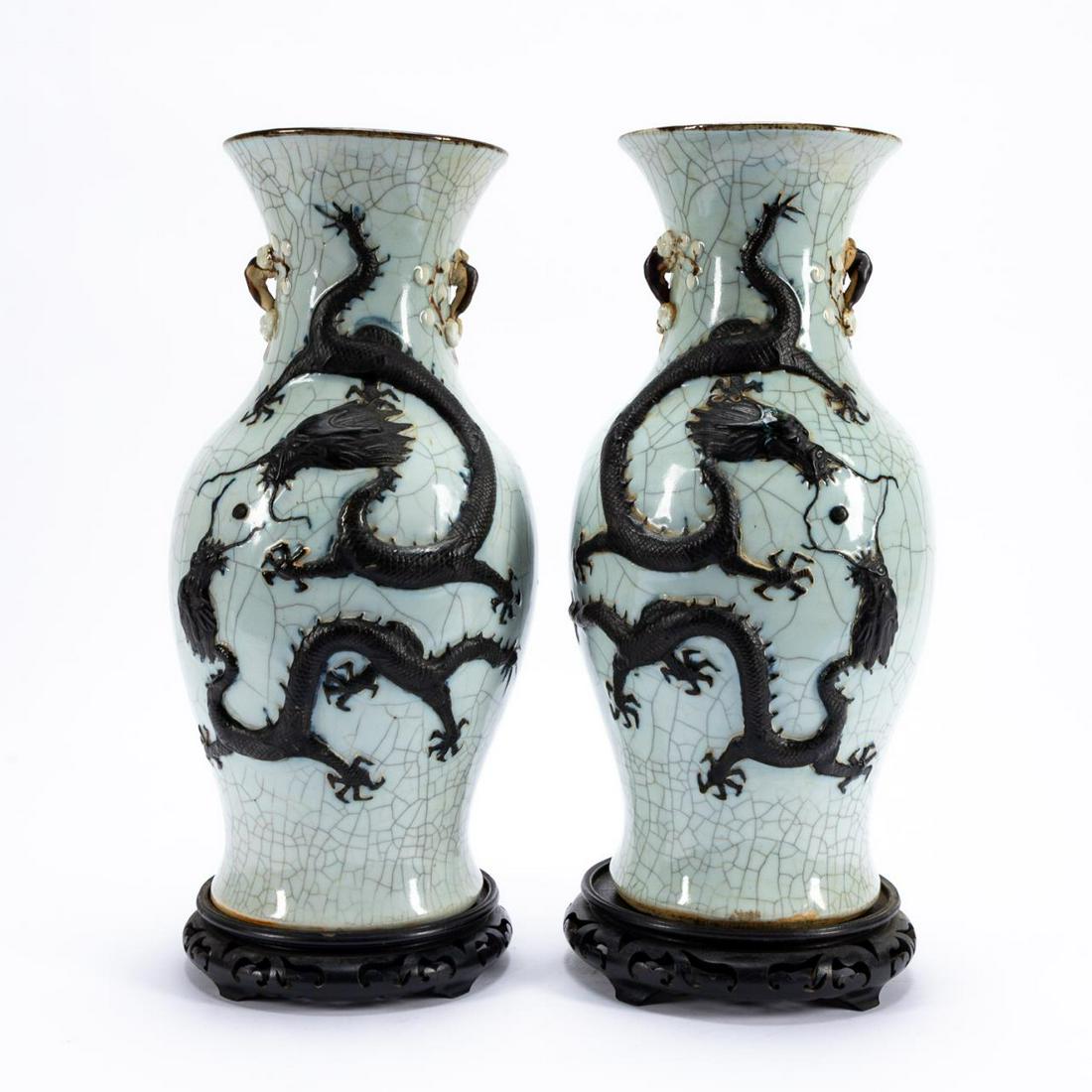 PAIR, CHINESE CRACKLE GLAZE DRAGONS & PEARL VASES (1 of 8)