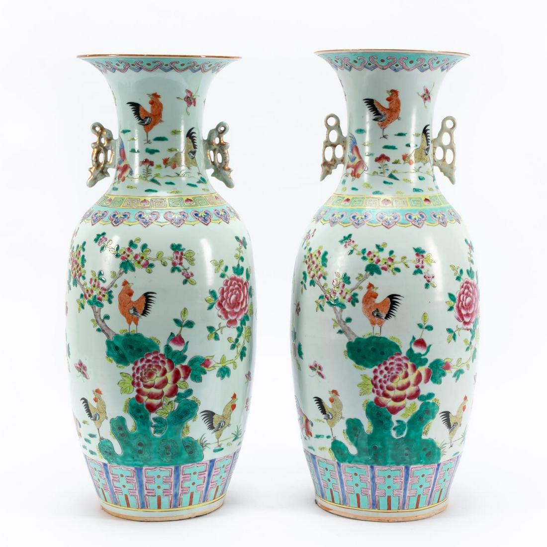 PAIR, CHINESE PEONY & ROOSTER PORCELAIN VASES (1 of 8)