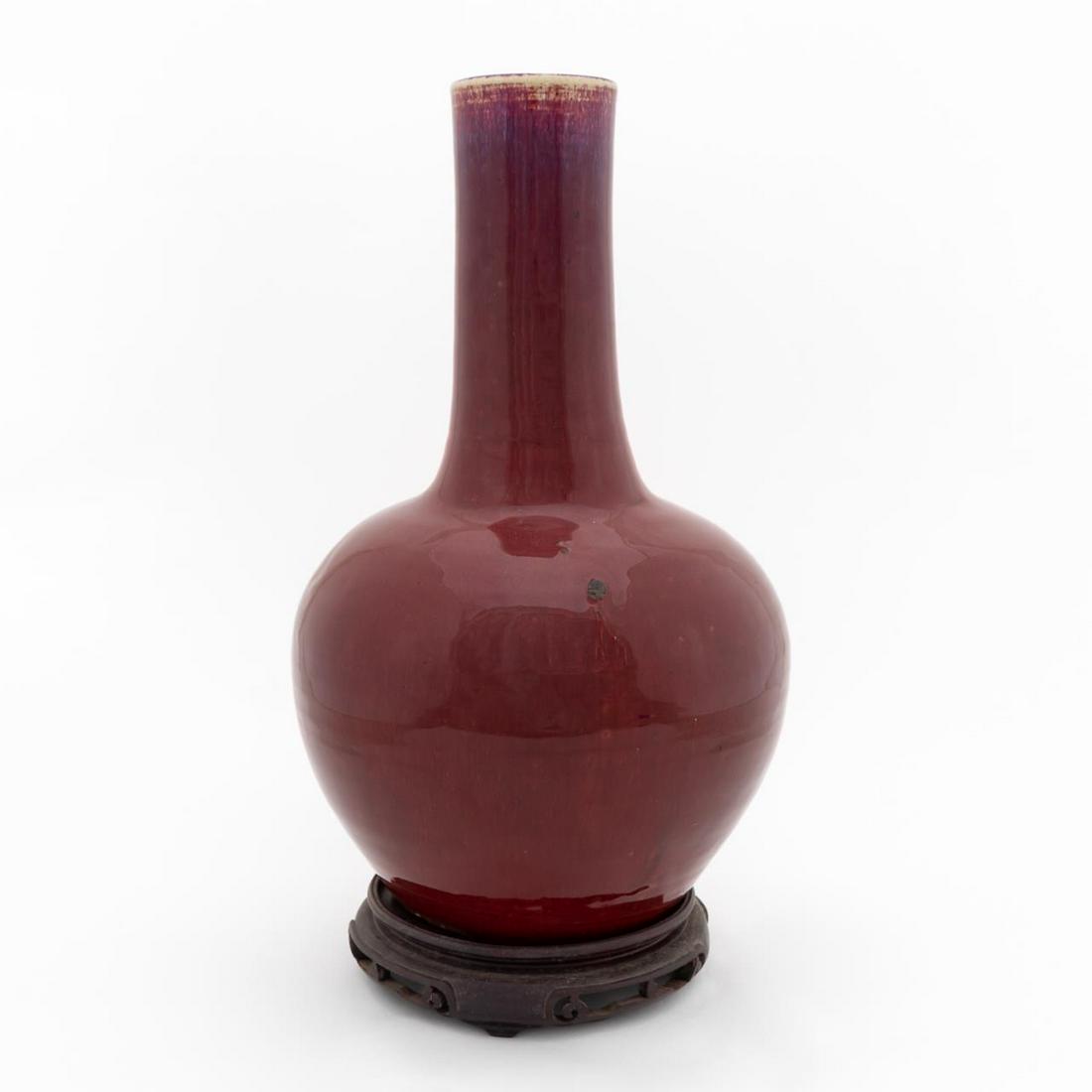 CHINESE SANG DE BOEUF BOTTLE VASE ON WOODEN STAND (1 of 5)