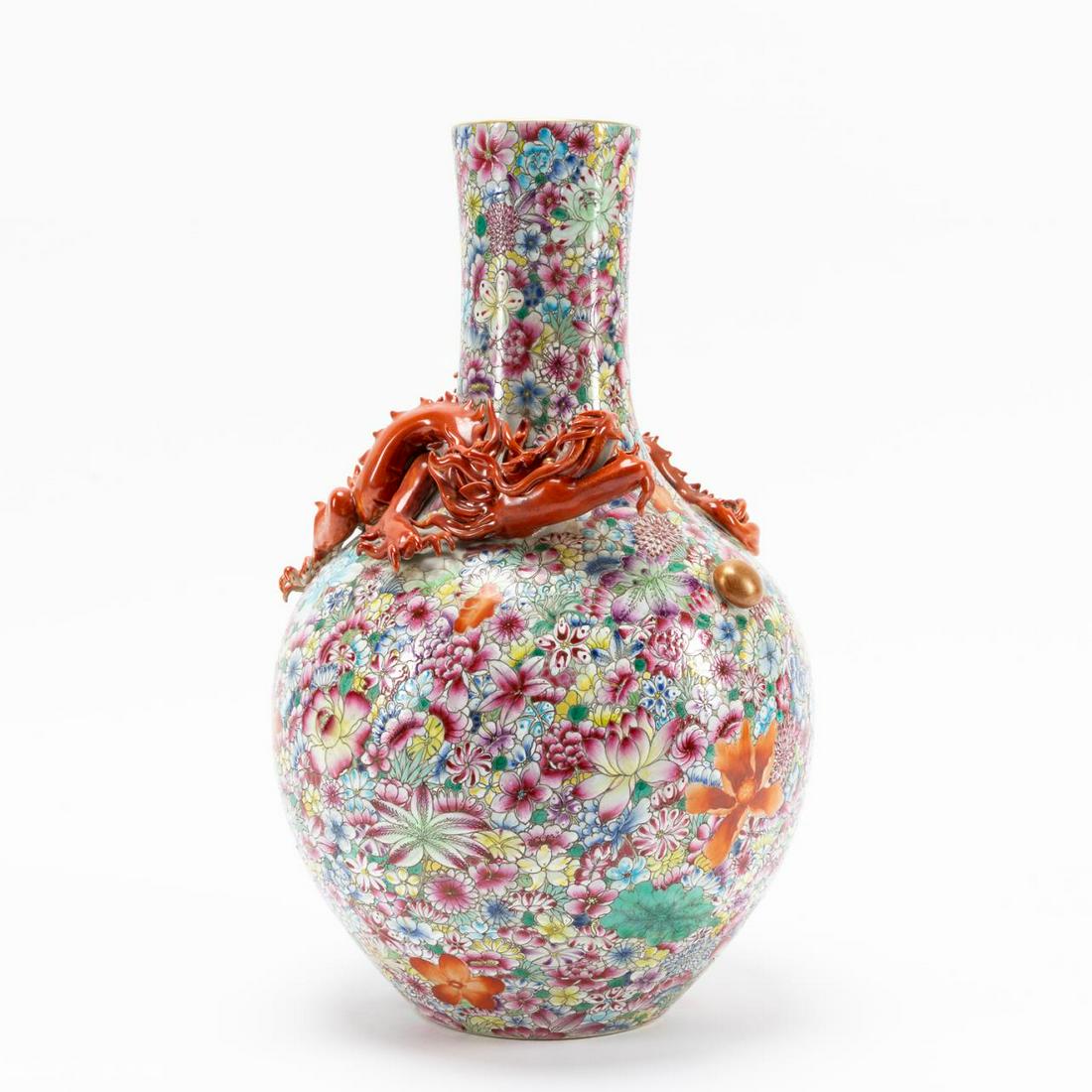 CHINESE HUNDRED-FLOWERS DRAGON NECK BOTTLE VASE (1 of 6)