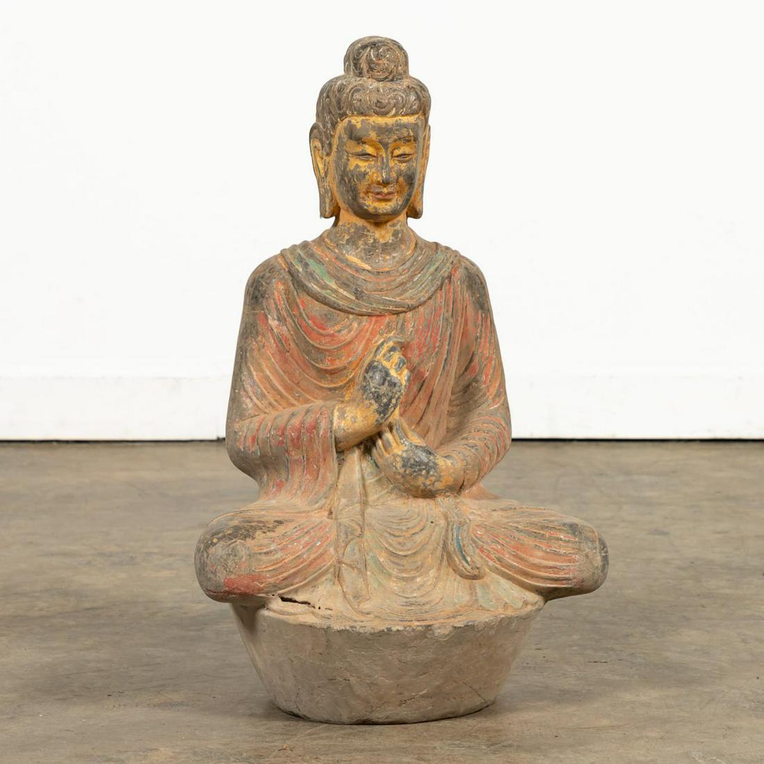 SOUTHEAST ASIAN POLYCHROME STONE SEATED BUDDHA (1 of 5)