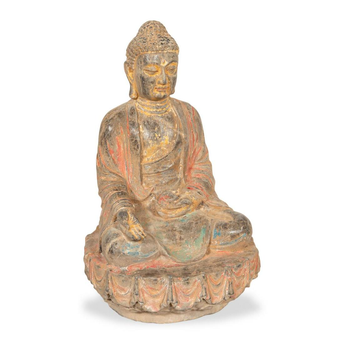SOUTHEAST ASIAN STONE & POLYCHROME SEATED BUDDHA (1 of 5)