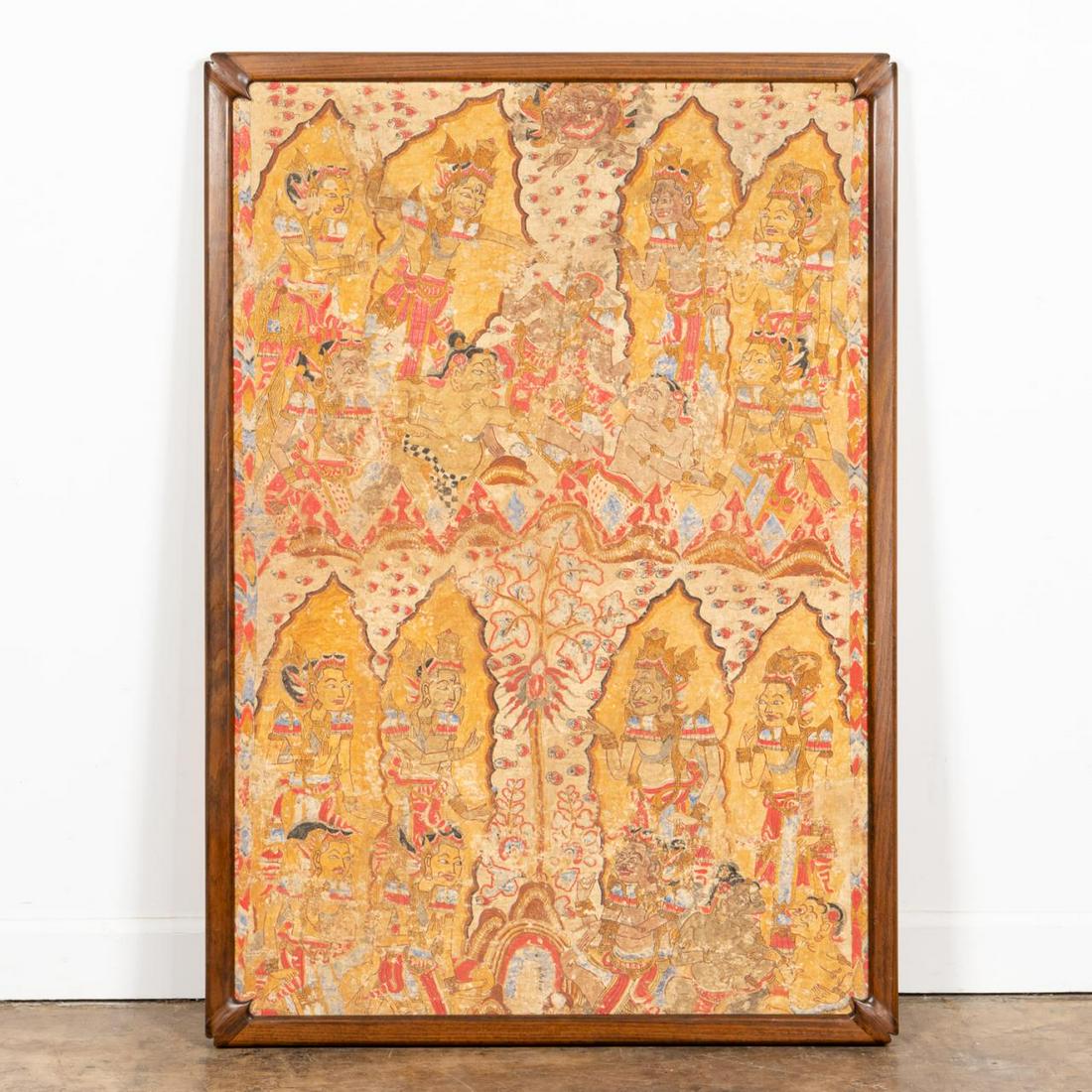 INDONESIAN OR BALINESE PAINTING ON FABRIC, HINDU: Balinese/Indonesia. Hindi painting on fabric with deities. Possibly fragment of larger painting. Unmarked. Approx. 50.625" x 35.25" (frame).