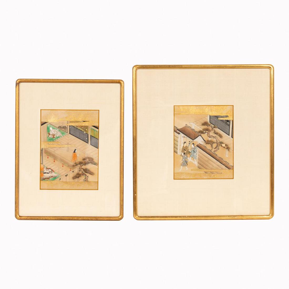 TWO JAPANESE SCHOOL COURT SCENES WITH GOLD LEAF (1 of 3)