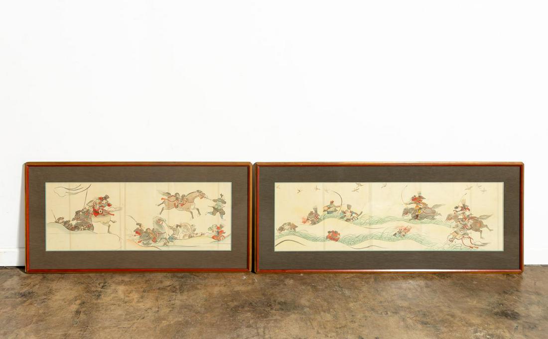 2 LARGE JAPANESE FIGURAL WARRIOR WATERCOLOR SCENES (1 of 5)