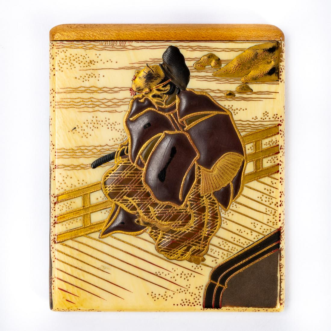 SMALL JAPANESE LACQUERED WARRIOR MOTIF CARD CASE: Japanese, Meiji period bone and lacquer card case with insects and frog motif to one side and warrior to other. Apparently unmarked. Approx. h. 3.5", w. 2.875"