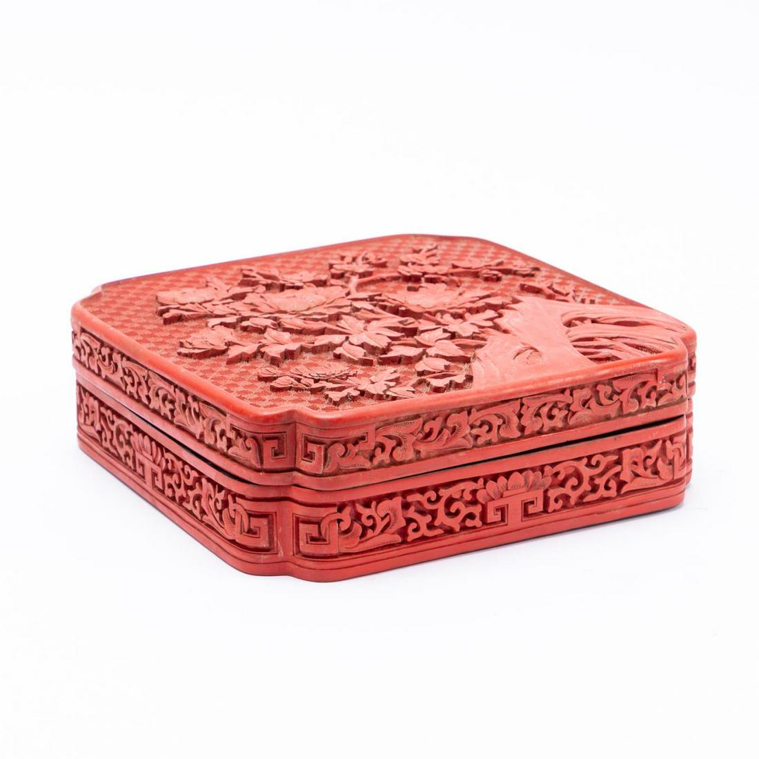 CHINESE LIDDED FLORAL CARVED SQUARE CINNABAR BOX (1 of 6)