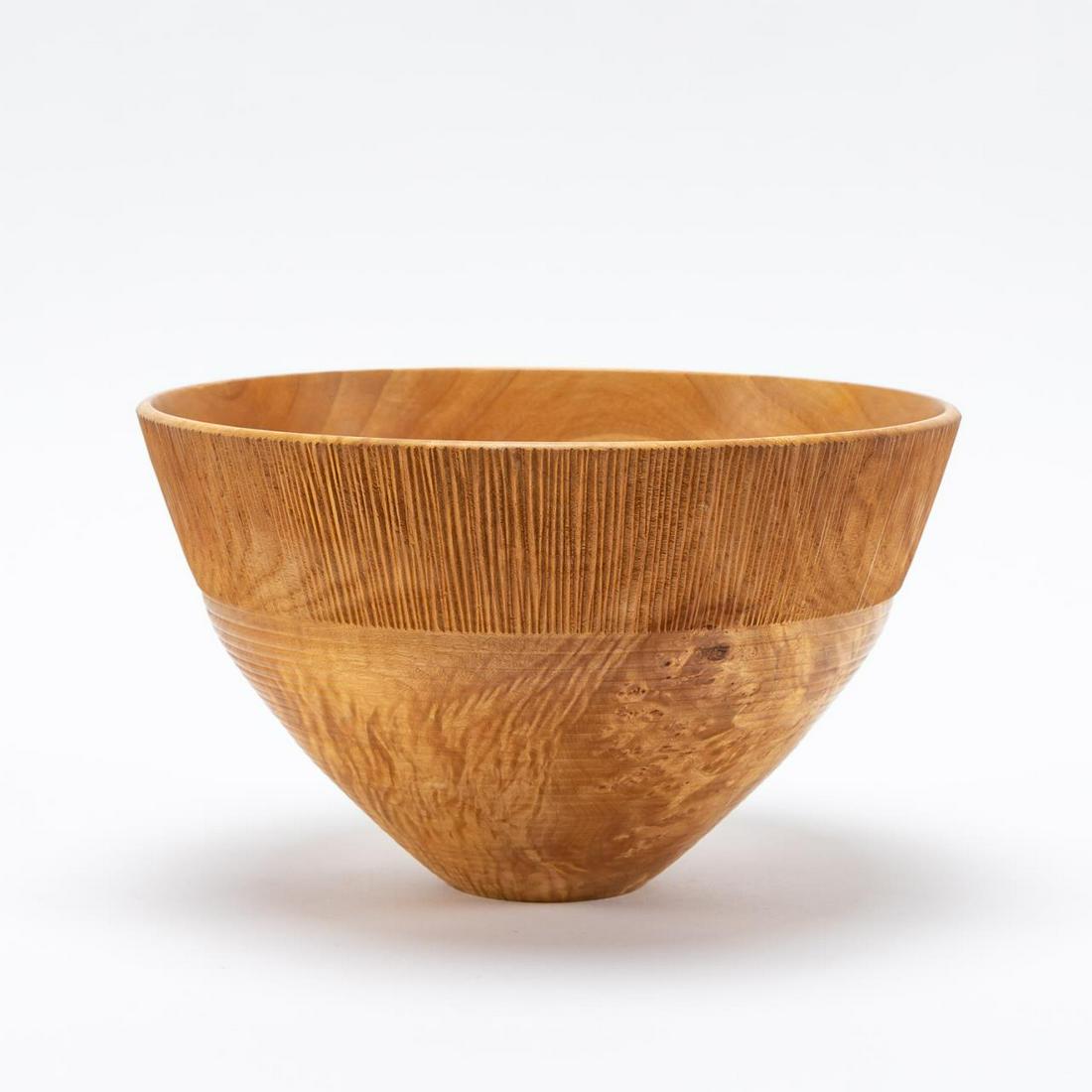 ALL STIRT, TURNED MAPLE BURLWOOD BOWL, 1996: Alan Stirt (American/Vermont, born 1946). Maple burl bowl, -1996. Signed and dated underneath. Note: Purchased at the Connell Gallery, Atlanta, 2000. Approx. h. 5", dia. 8.5"