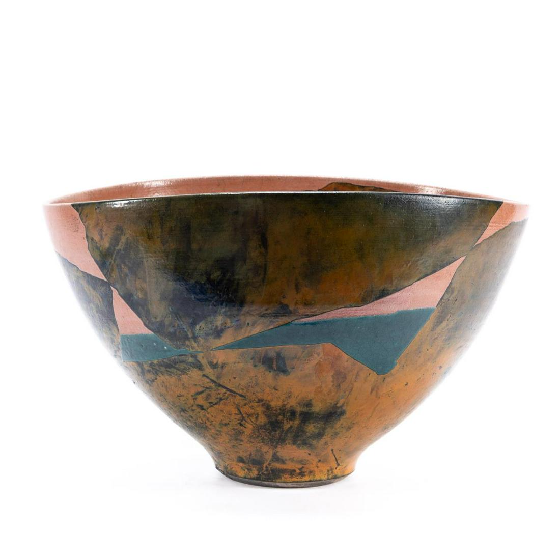 WAYNE HIGBY "#6 BALANCE ROCK" CERAMIC VESSEL: Wayne Higby (American/Colorado, born 1943). "#6 Balance Rock" -1980, ceramic. Signed with artist's stamp. Approx. h. 10.75", w. 18", d. 15.5"