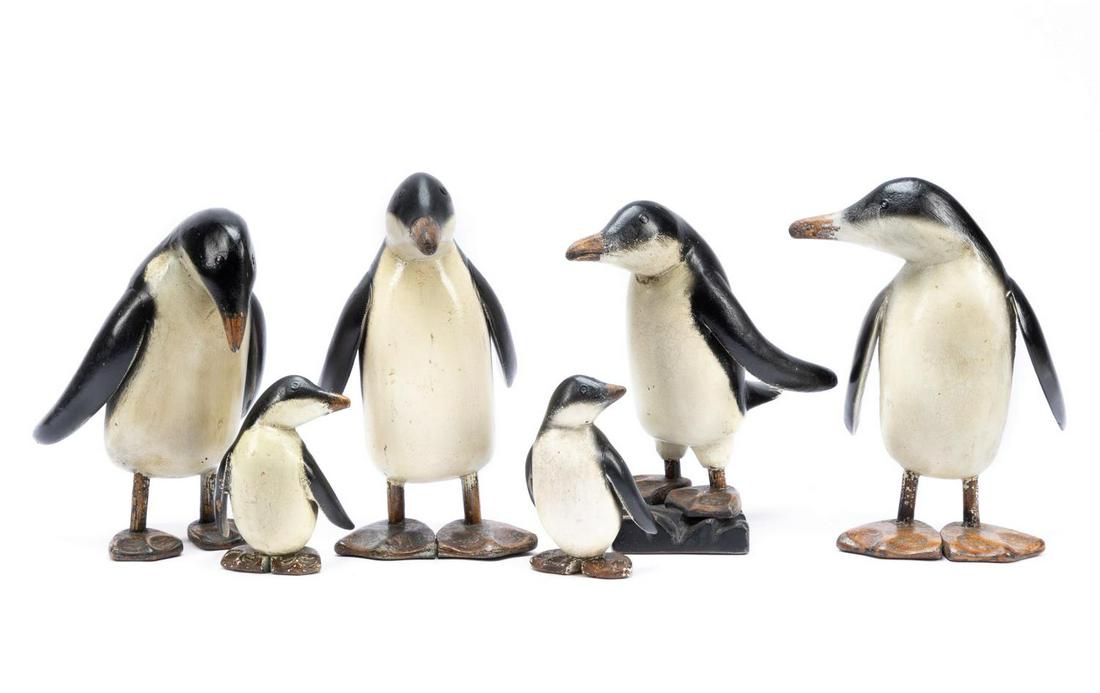 SIX FOLK ART CARVED WOODEN PENGUIN FIGURES (1 of 6)