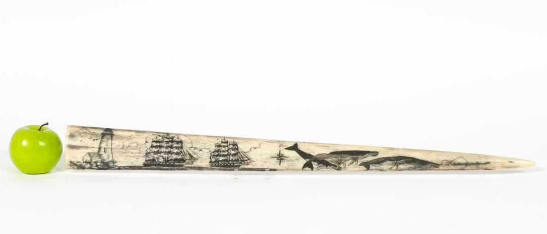 MICHAEL LUIZ CARVED SWORDFISH BILL SCRIMSHAW: Michael Luiz, (American, 20th Century). A hand carved swordfish bill decorated with a lighthouse, two maritime ships, a compass, grouping of whales and a harpoon. Signed to the bottom left "Mike Luiz"