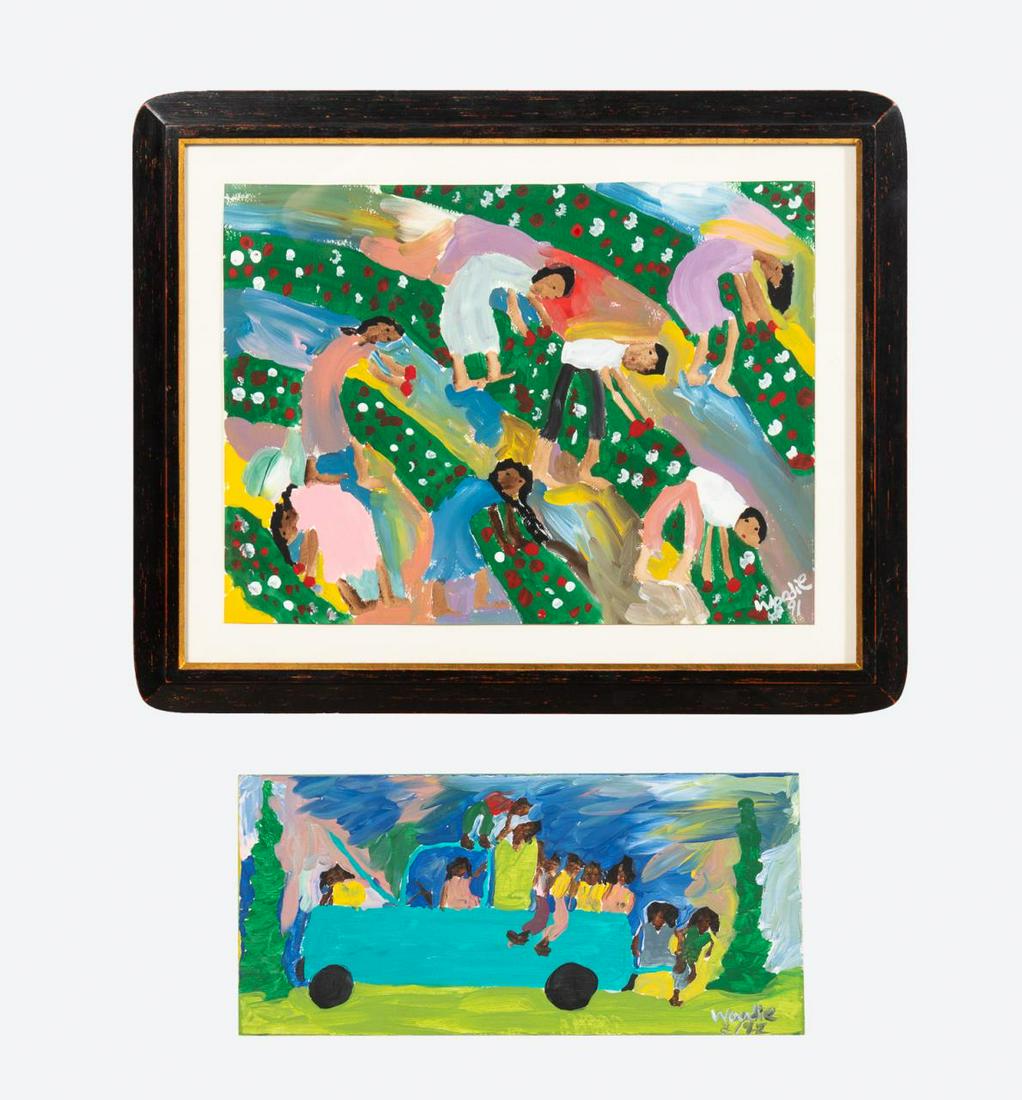 2 PCS, WOODIE LONG FOLK ART PAINTINGS, 1990s (1 of 5)