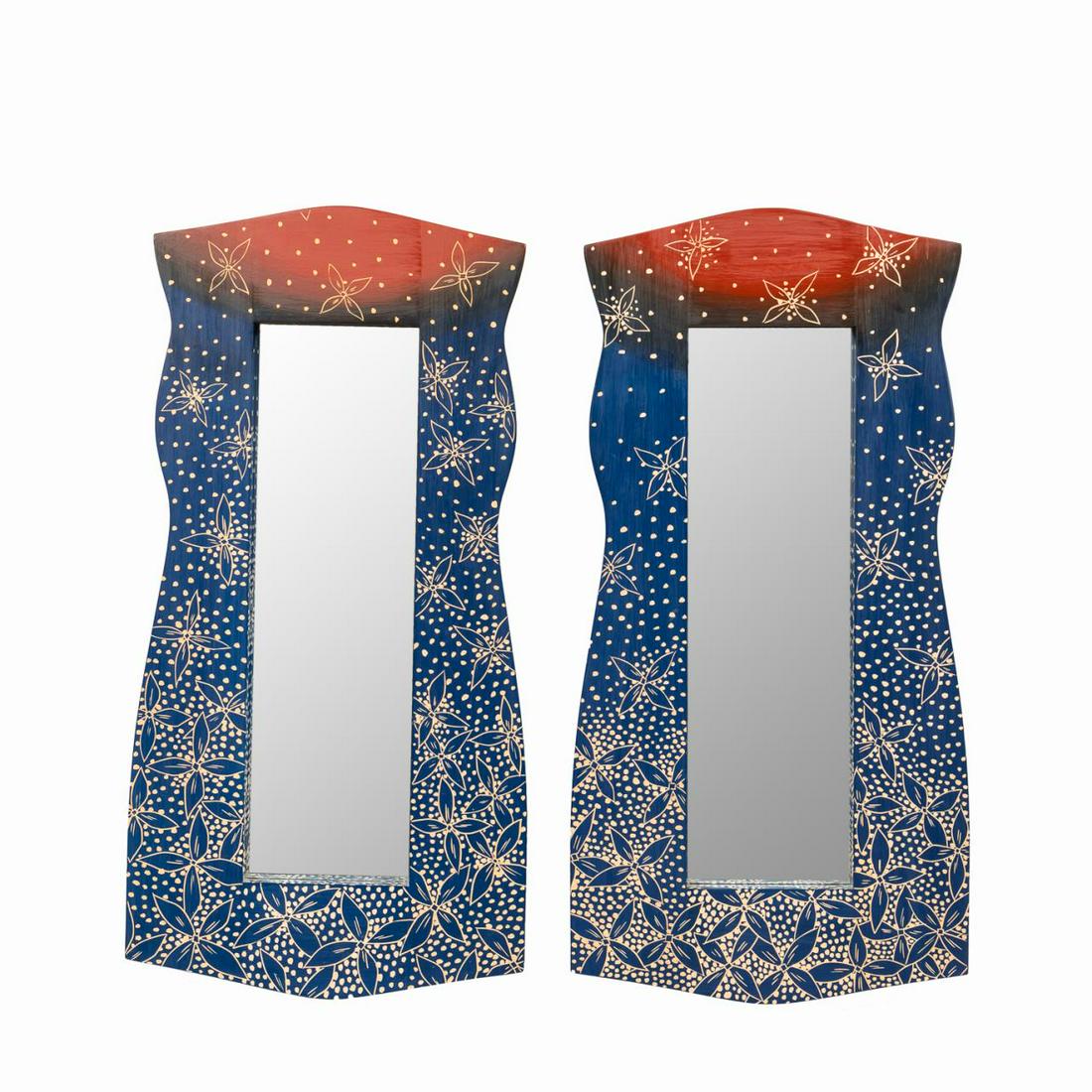 PR. JENNA GOLDBERG, "BLUE & RED BOTANICAL MIRRORS": Jenna Goldberg (American, b. 1968-). "Blue & Red Botanical Mirrors" - 2002, painted and carved basswood, ink signed and dated to verso. Whimsical and sculptural form mirrors with floral motif. Approx.