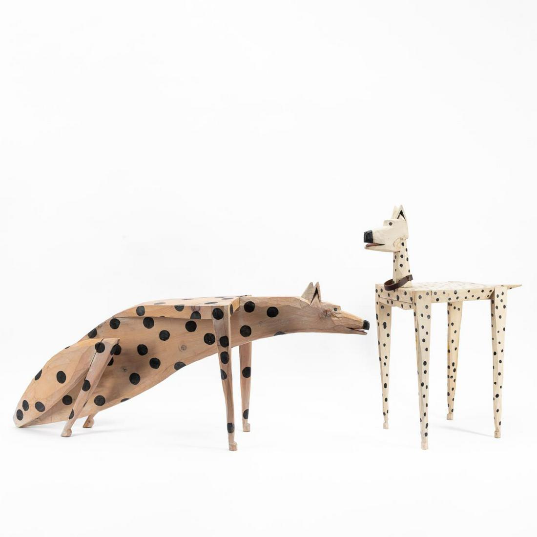 2 PCS, DAN HALE FOLK ART CARVED DOG TABLES 1987 (1 of 7)