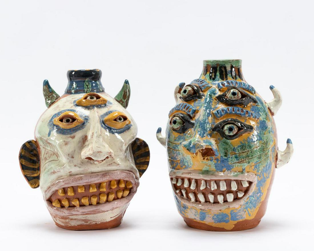2 PCS, CARL BLOCK FOLK ART POTTERY FACE JUGS (1 of 7)