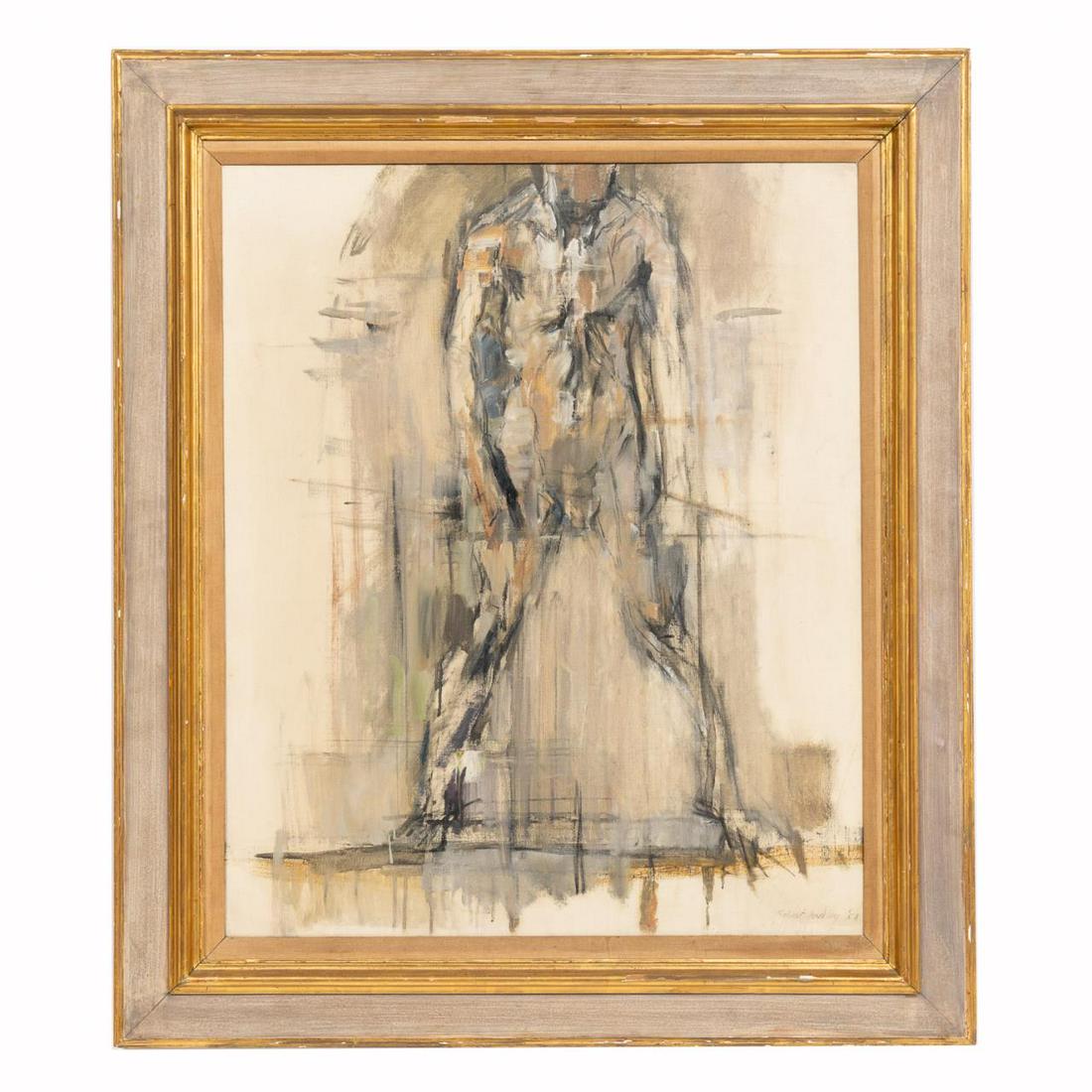 ROBERT MEDLEY, ABSTRACTED MALE NUDE, 1958: Robert Medley (British, 1905-1994). "Study for Standing Man" -1958, oil on canvas. Signed lower right; Royal Academy Summer Exhibition 1987, Museum of Modern Art Oxford "Robert Medley Exhibition" and 