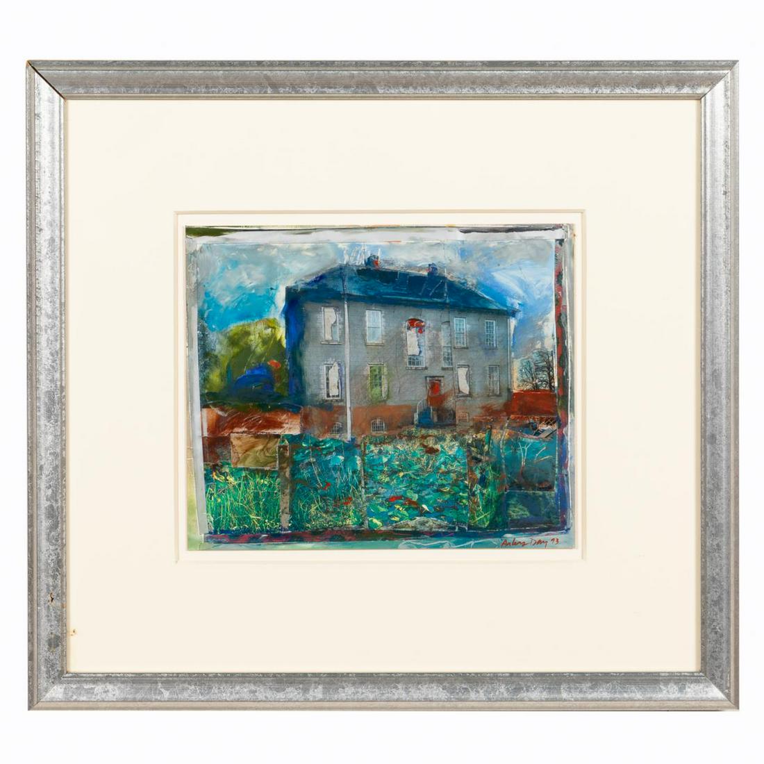 ARLESS DAY, COLLAGE & MIXED MEDIA PAINTING, 1993: Arless Day (American/Louisiana, born 1951). "Untitled" -1993, mixed media painting with collaged paper and photography street scene. Signed and dated lower right, framed. Approx. 16.25" x 18" (frame),