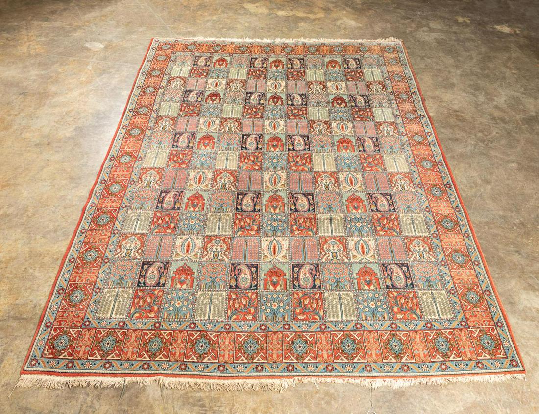 HAND-WOVEN GOHUM RUG: Iran. Hand-woven Qum area rug. Approx. 8'7" x 12'1" (103" x 145")