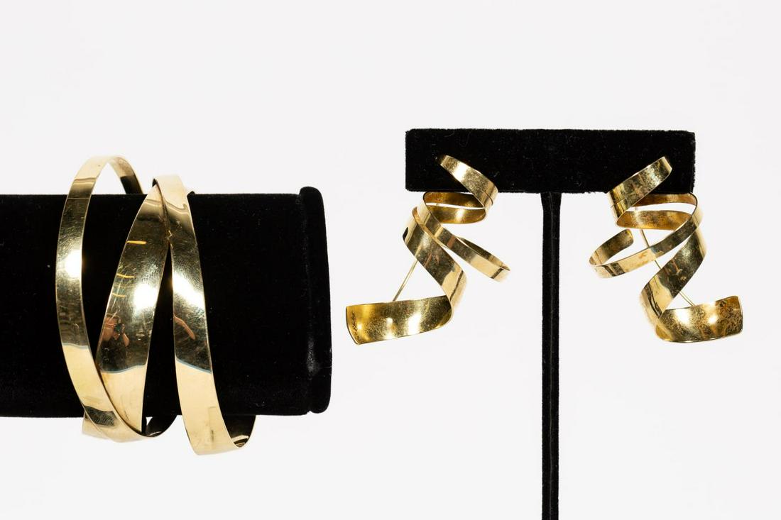 3PC MODERNIST BRACELET & EARRING SET, 14K GOLD (1 of 6)