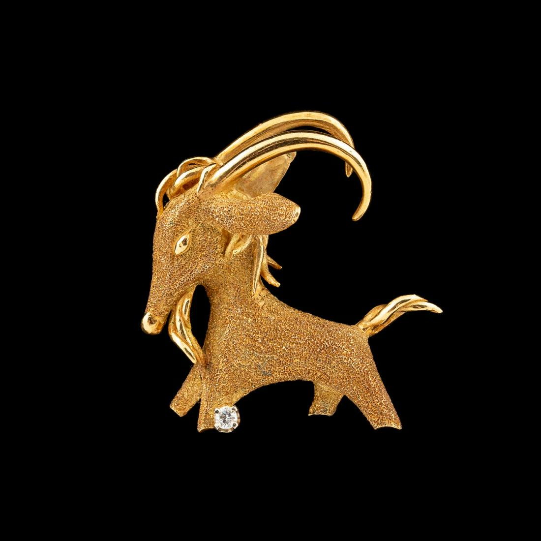 G. LEDERMAN 18K YELLOW GOLD & DIAMOND RAM BROOCH (1 of 6)