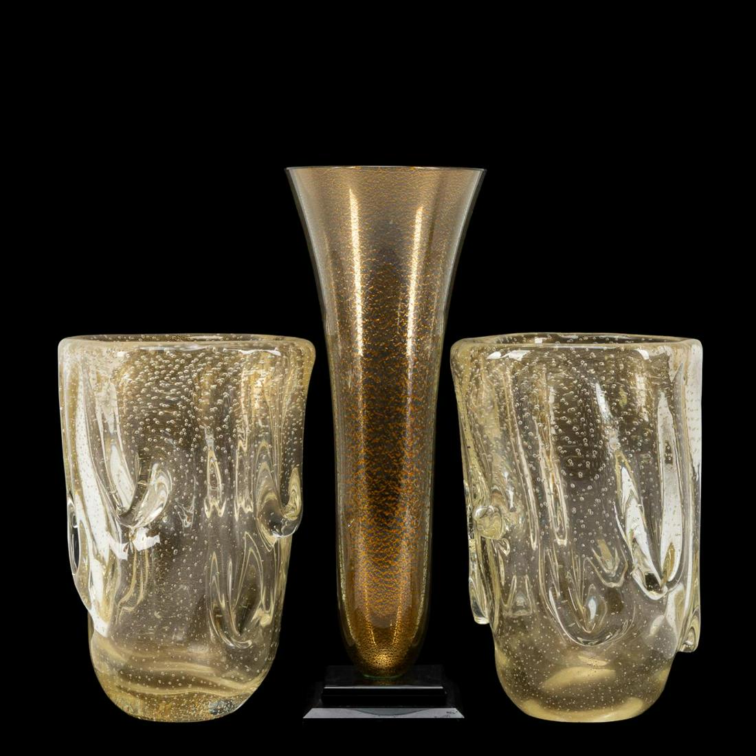 THREE GOLD AVENTURINE MURANO ART GLASS VASES (1 of 8)