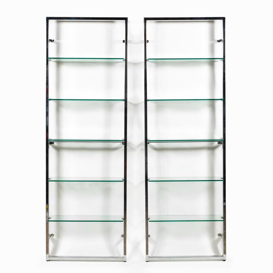 PAIR, GLASS & CHROME WALL MOUNTED ETAGERES (1 of 5)