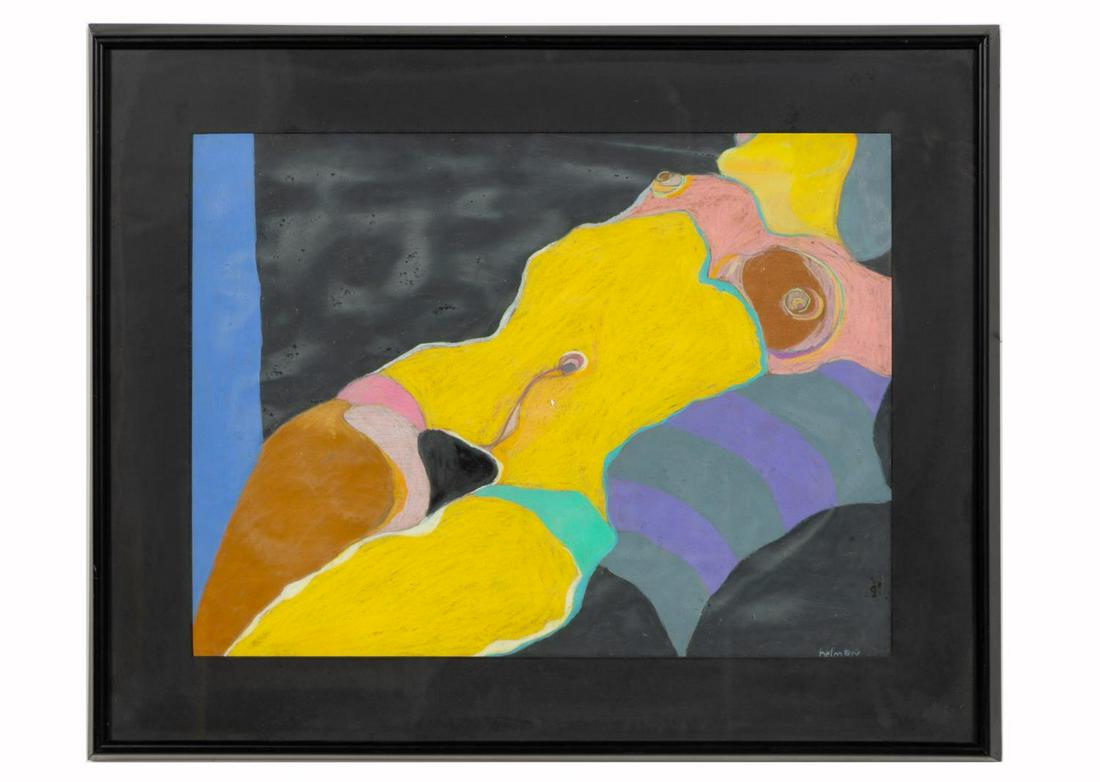 MARC HELMAN FEMALE NUDE MIXED MEDIA PASTEL: Marc Helman (American, 20th century). "Reclining Female Nude", pastel and mixed media on paper. Signed lower right. Framed. Approx. 25" x 31" (frame), 17.75" x 23.75" (sight)