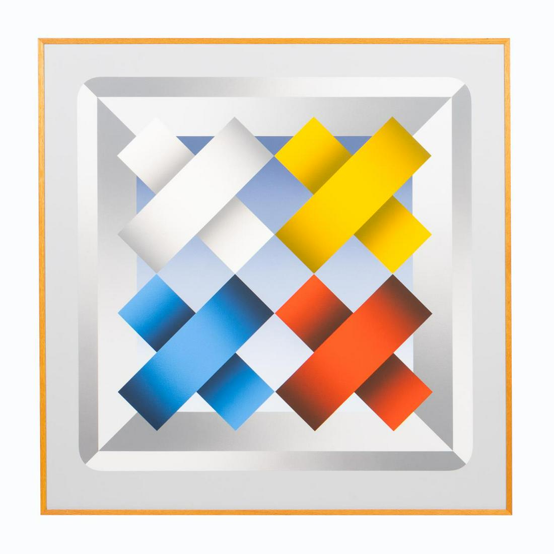 MARKO SPALATIN HARD EDGE PAINTING "ISTHMUS II": Marko Spalatin (Croatian/New York, born 1945). "Isthmus II", acrylic on canvas. Signed verso. Approx. 47.25" x 46.75" (frame), 46.5" x 46" (canvas)