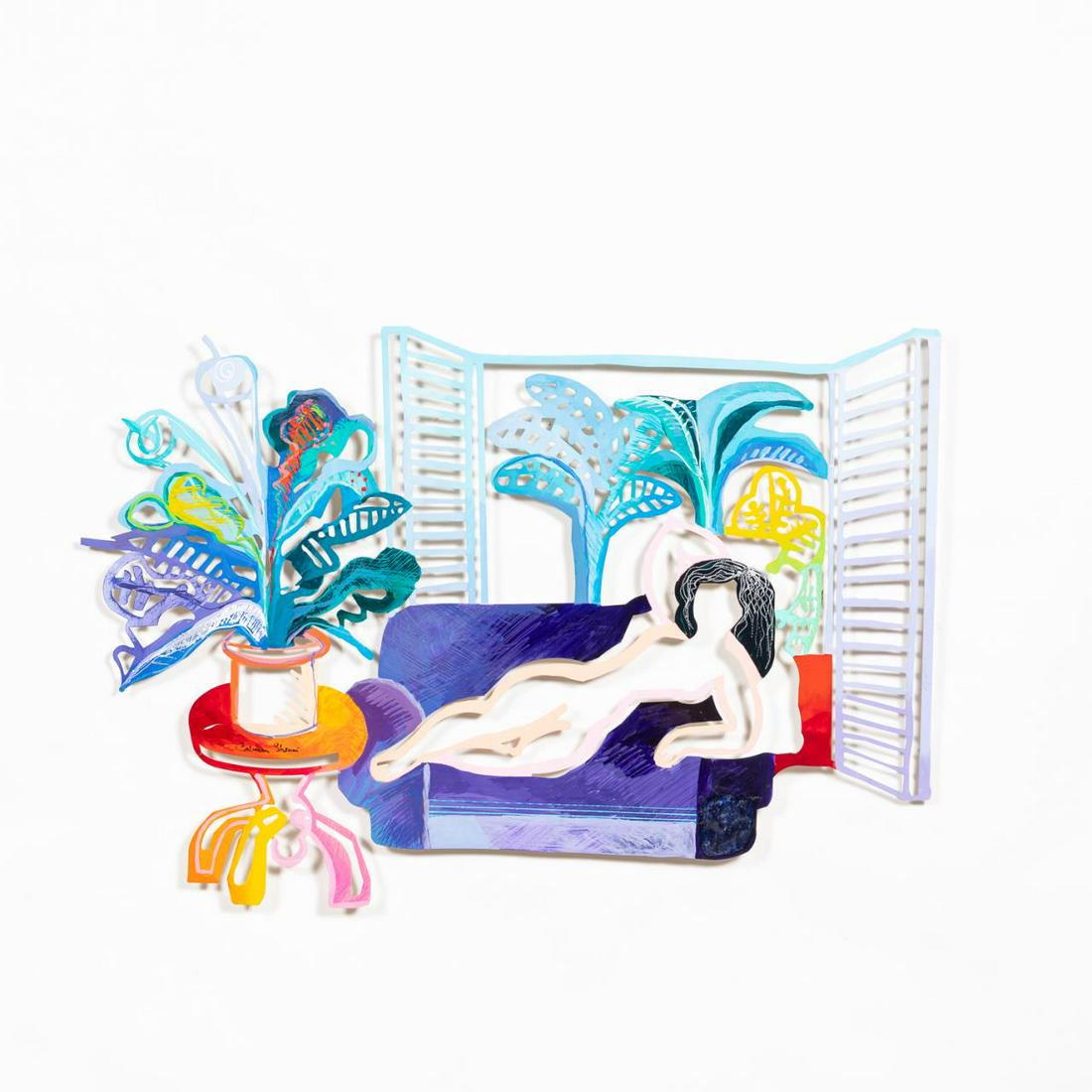 CALMAN SHEMI WALL MOUNTED FEMALE NUDE SCULPTURE: Calman Shemi (Argentinian/Israel, born 1939). "Casablanca", cut out and painted metal wall mounted pop art sculpture. Signed. Approx. 29.5" x 43.5"