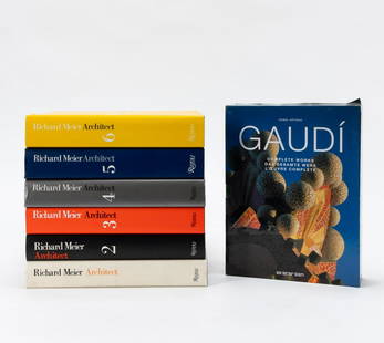 8 VOLS, COMPLETE WORKS OF RICHARD MEIER & GAUDI: Eight volumes on architecture including the six volume hardback complete works of architect Richard Meier and two volume slip cased softcover books of the complete works of Antoni Gaudi. Largest appro