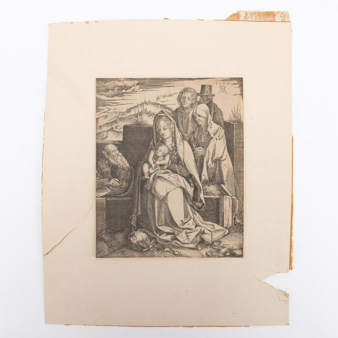 ALBRECHT DURER "THE HOLY FAMILY" ENGRAVING: After Albrecht Durer (German, 1471-1528). "The Holy Family", engraving after Durer's 1506 original. Signed in plate with monogram.