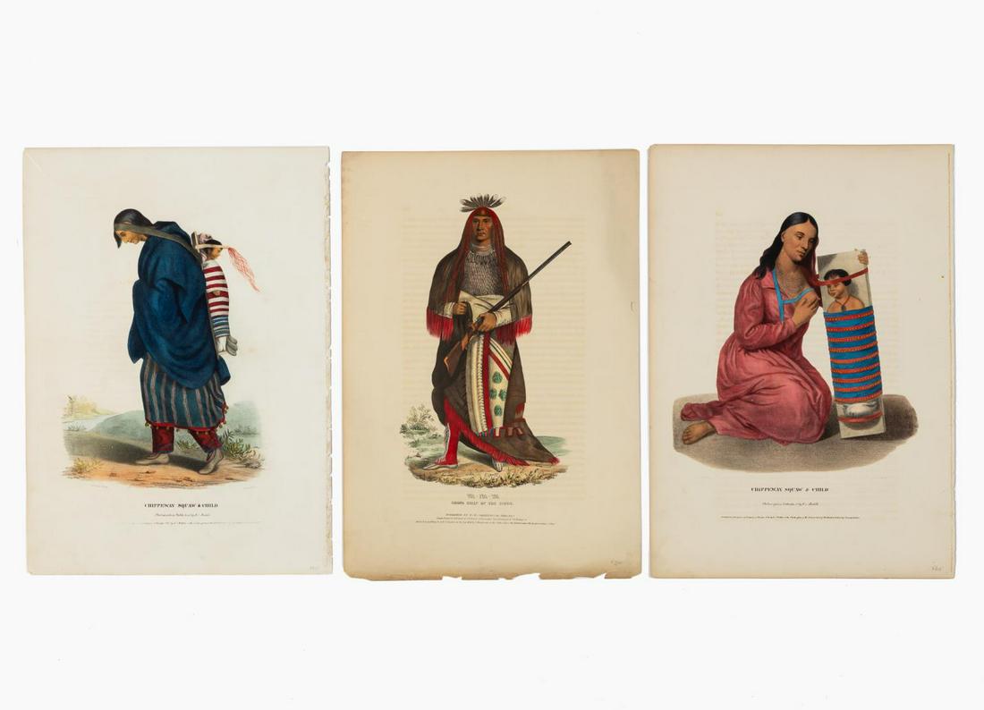 3 PCS, MCKENNEY & HALL NATIVE AMERICAN ENGRAVINGS: Thomas McKenney (American, 1785-1859) and James Hall (American, 1793-1868) after Charles Bird King (American, 1785-1862). "Wa Na Ta, Grand Chief of the Sioux", "Chippeway Squaw and Child" and "Chippew