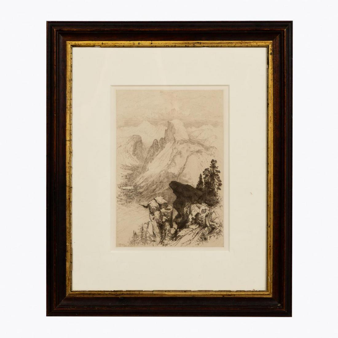 THOMAS MORAN, HALF DOME, YOSEMITE ETCHING 1887: Thomas Moran (American/Pennsylvania, 1837-1926). "Half Dome at Yosemite" -1887, etching. Signed in plate, period walnut frame with gilt liner. Approx. 22" x 18.125" (f rame), 12.25" x 8.75" (sight)