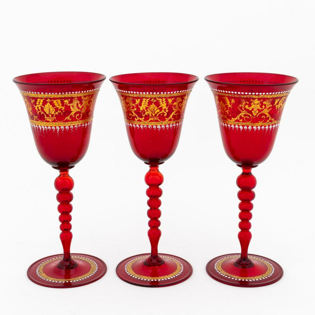 SET 3, 19TH C. VENETIAN RUBY GILDED ENAMEL GOBLETS (1 of 5)