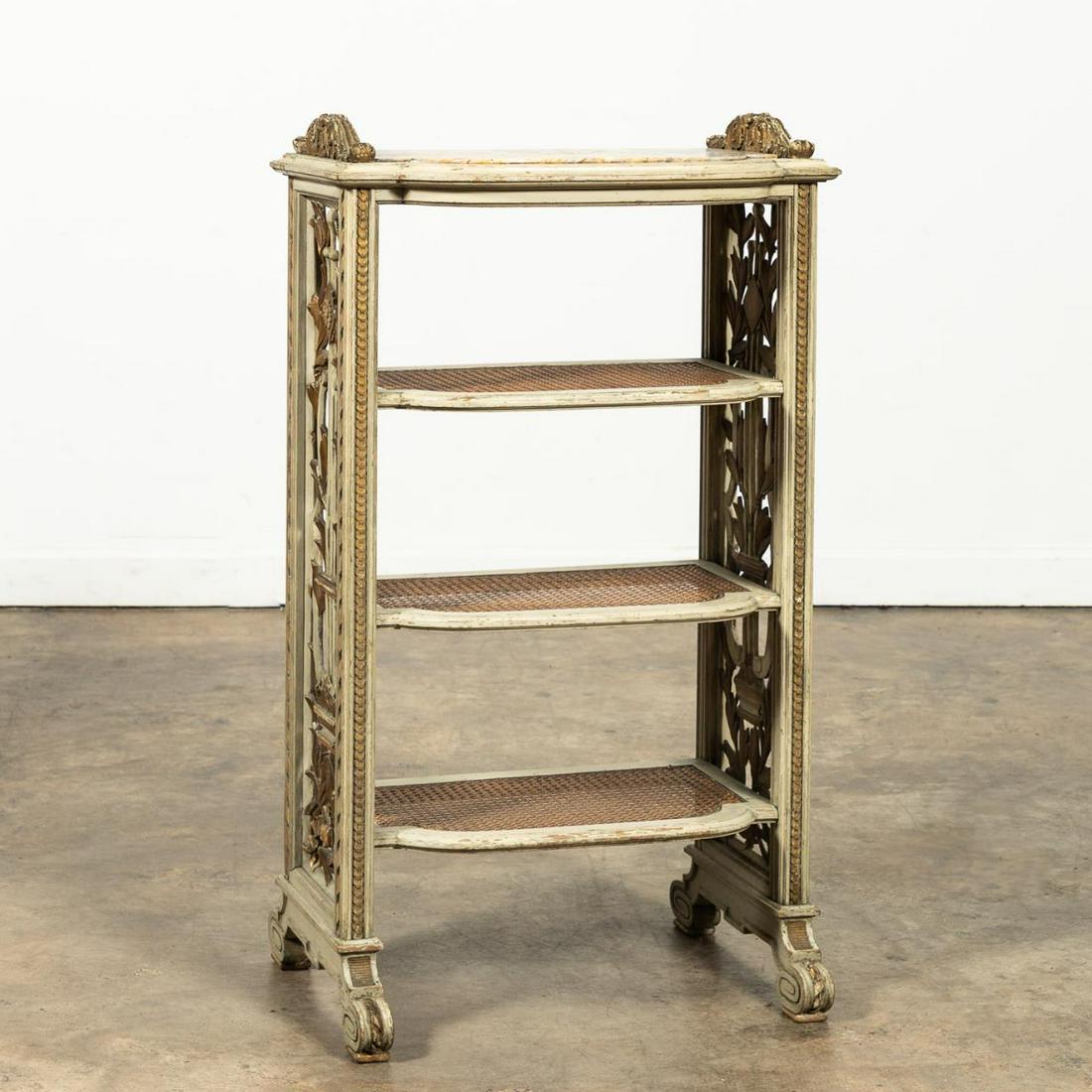 FRENCH PAINT DECORATED MARBLE TOP CANED ETAGERE (1 of 7)